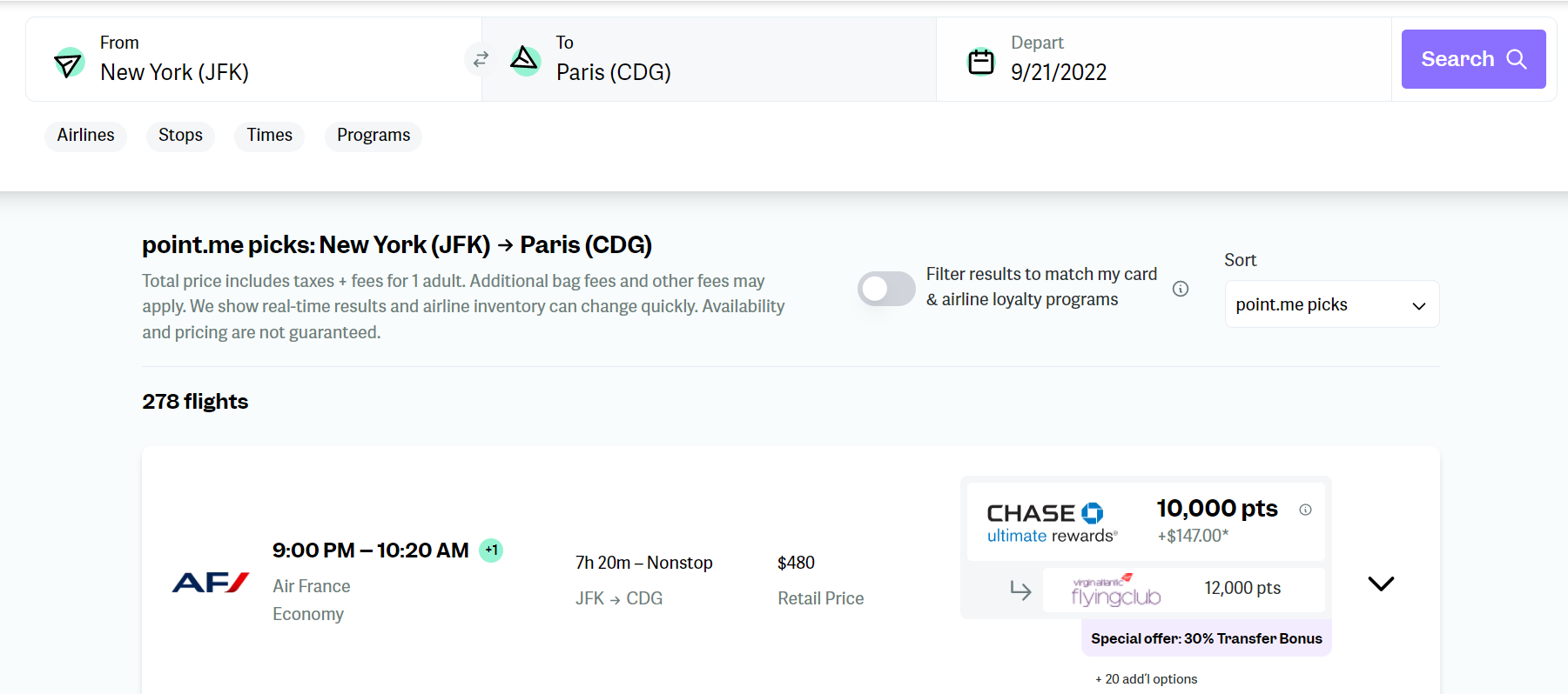 Finished search result from JFK to CDG, showing the top flight result, a non-stop flight for 10,000 points and 7 USD.