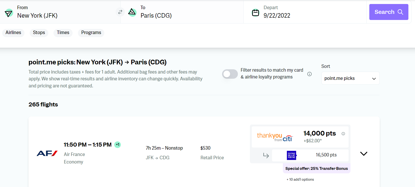 Finished search result from JFK to CDG, showing the top flight result, a non-stop flight for 14,000 points and USD.